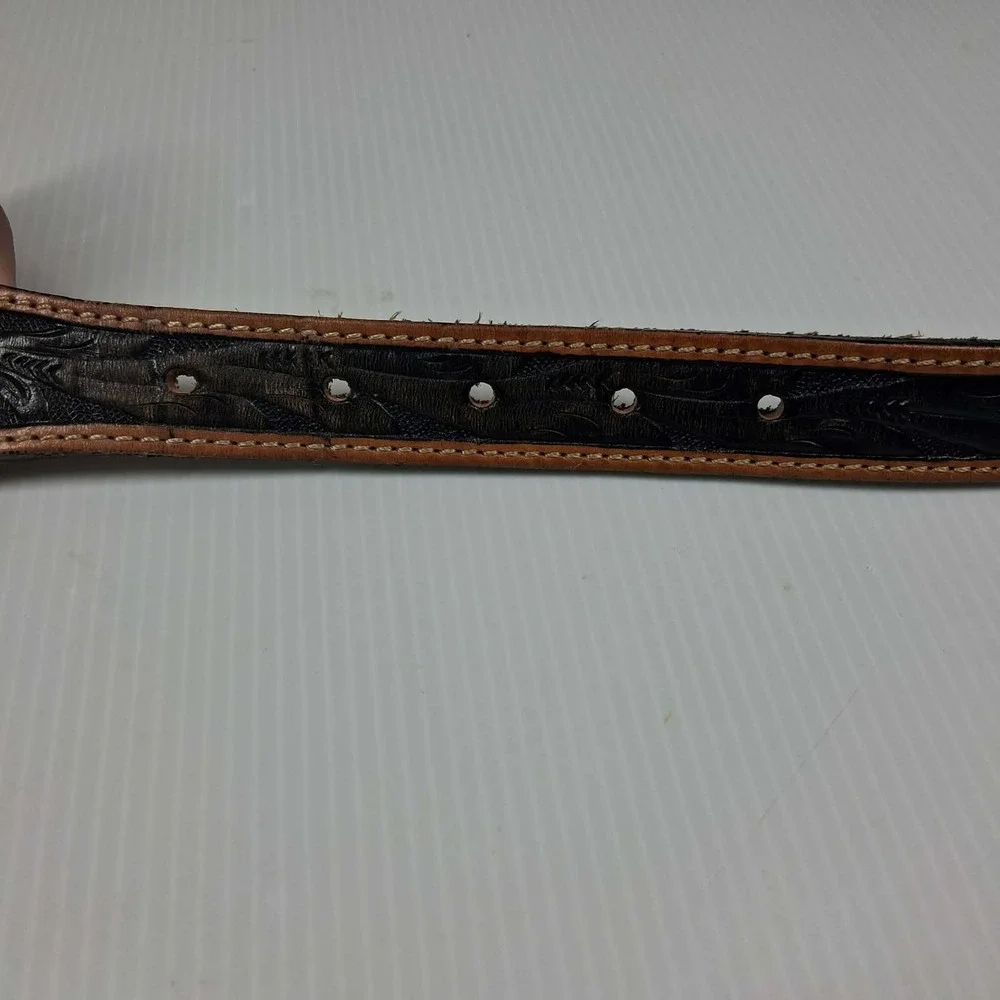 Justin Mens Black Tan Tooled Leather Western Star Belt 50 Inch C11063 Size‎ 44